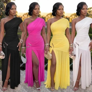 European American Style Women’s Sleeveless Floor-Length Slim-Fit Slit Dress for Special Occasions