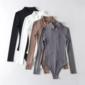 European American Style Women’s Slim Fit Zipper Stand Up Collar Long Sleeve Jumpsuit Solid Color One Piece T Shirt for Spring