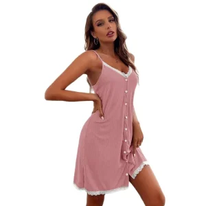 European American Style Women’s Summer Casual Loungewear Breathable Satin V neck Elastic Waist Knee Length Sleeveless Pajamas