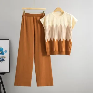 European American Style Women’s Summer Two-piece Set Color-blocked Collarless Three-quarter Sleeve Knitted Women’s