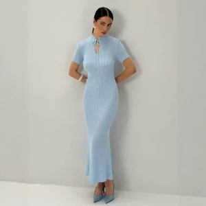 European American Summer Instagram Style Women’s Candy Colored Slim Fit Sheath Thick Nylon Cotton Round Neck Sweater Dress