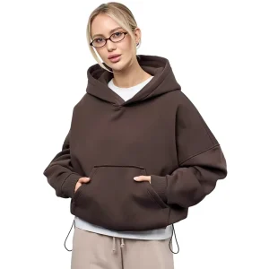 European American Women’s Casual Solid Color Lace Splicing Fleece Hoodie Waist Cinching Sweatshirt