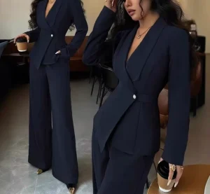 European American Women’s Casual Suit Solid Color V Neck Long Blazer Wide Leg Pants Two Piece Set