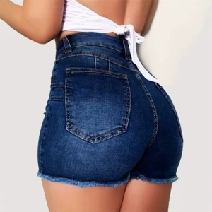 European American Women’s High-Waist Skinny Denim Shorts Ripped Fringe