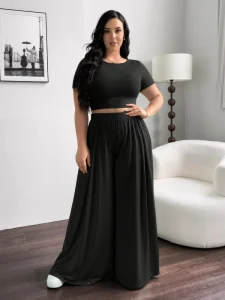 European American Women’s Loose Black Plus Size Wide Leg Pants & Short Sleeve Top Eco-Friendly Women’s Plus Size Two-Piece Set
