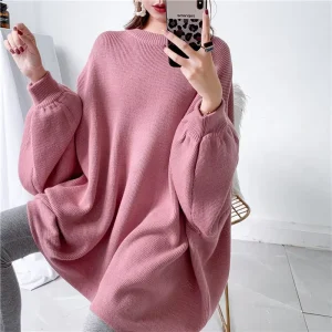 European American Women’s Loose Medium to Long Bat Sleeves Knitted Pullover Sweater Casual Winter Top in Thick and Lazy Style