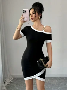 European American Women’s Spring Summer Knitted Stretchy Tight Bodycon Off Shoulder Short Sleeve Patchwork Knitted Sweater Dress