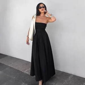 European American Women’s Summer High Waist Commuter Fashion Black Strapless Anti Wrinkle Illusion A line Dress