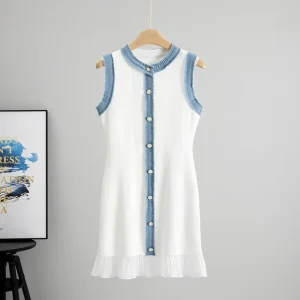 European American Women’s Summer Midi Dress for Independent Station’s Cross Border Washed Denim Vest Solid Knitted