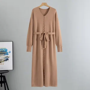 European American Women’s V Neck Base Knit Long Dress Spring A Line Simple Solid Color Loose Plus Size