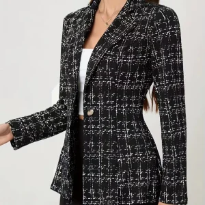 European American Women’s Winter Long Sleeve Slim Fit Suit Jacket Stand Collar Printed Pattern Woven