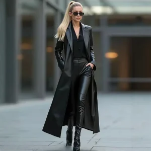 European Americanstyle Long PU Leather Women’s Elegant Fashionable High-end Figure-flattering Spring Coat