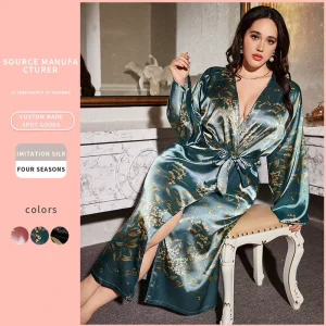 European Fashion Women’s Spring Summer Bathrobe Sexy Casual Home Clothes With Elastic Waist Closure Printed Satin Nightgown