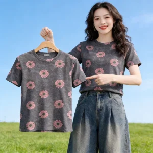 European Style Round Neck Short Sleeved T shirt with Women’s Printed Design Slimming Top Loose Clothing
