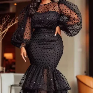 European Style Women’s Dress with Bubble Plush Texture Dotted Pattern Sexy and See through Plus size Floor length Evening Gown