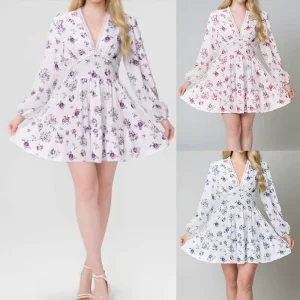 European Women’s Casual Dress V-Neck with Sweet Print Lace Trim Fitted Waist Short Style