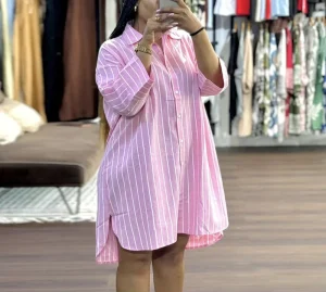 European Women’s Lapel Button Loose Striped Long Sleeve Mid Length Shirt