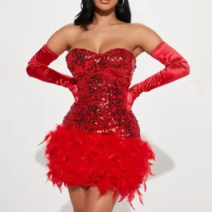 European Women’s Off-The-Shoulder Sequin Feathers Eco-Friendly Summer Evening Gown Strapless Sexy Bodycon Dress