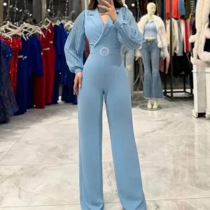 European and American Autumn and Winter New Women’s Pleated Long Sleeved Suit Collar Solid Color Slim Fit Jumpsuit