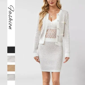 European and American Autumn and Winter Women’s Knitted Cardigan Pocket Button Set
