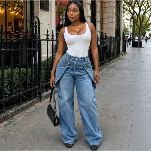 European and American Casual Denim Jeans Women’s Street Fashion Asymmetrical Button Design Straight Fit