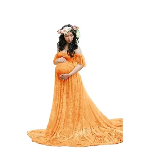 European and American Clothing Maternity Photo Dress Long Tail Skirt V-neck Hem Slit Lace Mesh Photography Maternity Wear