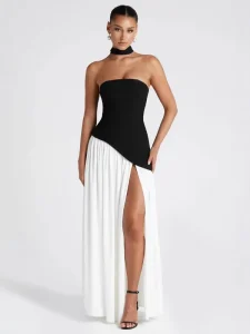 European and American Cross border Women’s Fashion Sexy Backless High Split Long Dress Solid Color Split Bodysuit Dress