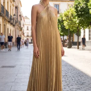 European and American Neck Hanging Backless Sexy Vacation Style Sleeveless Fashion Pleated Women’s Long Dress