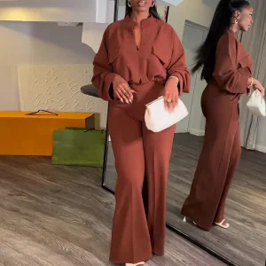 European and American Plus Size Women’s Spring Casual V Neck Long Sleeve Top Wide Leg Trousers Suit