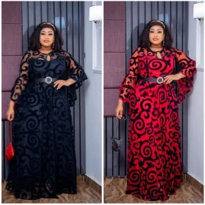 European and American Printed Long Skirt African Women’s Plus Size Chiffon Pleated Seven Quarter Sleeve Mesh Dress