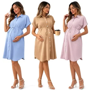 European and American Style Maternity Short Sleeved Casual Fashionable Belted Maternity Dress