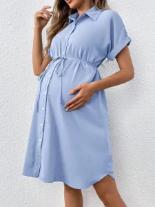 European and American Style Maternity Short Sleeved Casual Fashionable Belted Maternity Dress