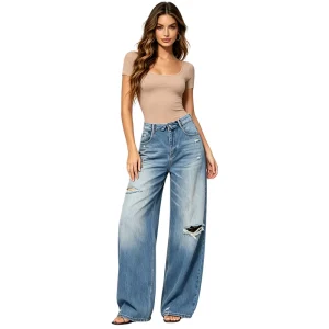 European and American-Style New Arrival Women’s Mid-Rise Straight-Leg Ripped Jeans with Turn-Up Hem