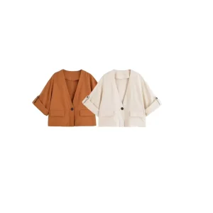 European and American Style Women’s Casual Fashion V neck Roll up Short sleeved Jacket 8372234 8372134