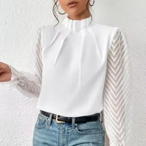 European and American Women’s Autumn Winter New Half High Collar Splicing Wave Pattern Chiffon Long Sleeve Shirt