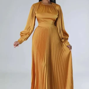 European and American Women’s Autumn and Winter Pleated Round Neck Long Dress