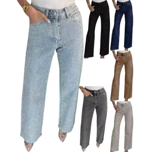 European and American Women’s Full Diamond Washed Jeans Women’s High Waist Straight Pants Hot Girl Trousers