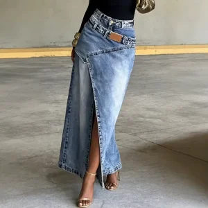 European and American Women’s High End Streetwear Long Denim Layered Skirt Buttoned Ladies’ Mid Length Denim Dress