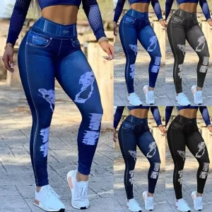 European and American Women’s High Waisted High Stretch Denim Leggings Plus Size Fitness and Yoga Pants