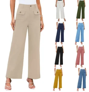 European and American Women’s High Waisted Wide Leg Elastic Pants Business Work Pocket Casual Pants