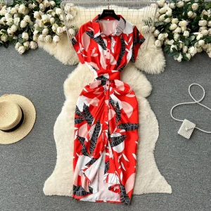 European and American Women’s Pleated Lace up Waist Cinching Retro Single Breasted Printed Dress