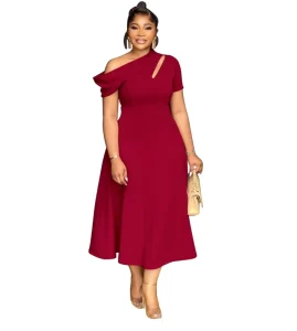 European and American Women’s Plus Size Summer Fashion Slanted Neck Hollow Out Solid Color Waist Cinching Dress