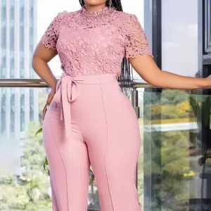 European and American Women’s Sexy Lace Jumpsuit Short Sleeved Jumpsuit Strap High Waist Wide Leg Jumpsuit OEM