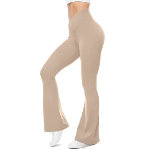 European and American Women’s Solid Color Cross Waist Yoga Sports Pants Summer High Elasticity Flared Design Breathable