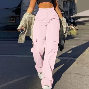 European and American Women’s Street Fashion Multi pocket Cargo Straight Trousers High waisted Thin Loose Cargo Pants