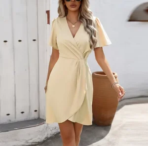European and American Women’s Summer Elegant Dress Waist up Short Sleeve Dress