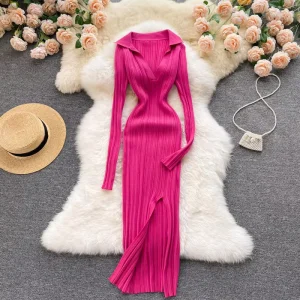 European and American Wrap-around Knee-length V-neck Casual Elegant Stretch Knit Dress Women’s Casual Long Sexy Slit Dress