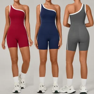 FANCO Women’s One-Piece Gym Yoga Jumpsuit Color Block Sports Bodysuit for Dance & Fitness Tight Romper One Shoulder Design