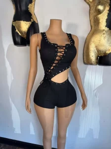 FC1429 Women’s Clothing Strapless Sexy Navel Revealing Slim Fit T Shirt Jumpsuit Sleeveless Lace up Short Romper with Tie Front