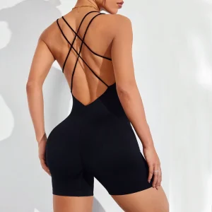 FLW Women’s One Piece Sleeveless V Back Scrunch Yoga Rompers Backless Tummy Control Jumpsuits for Workout Sports Bodysuits